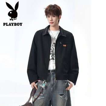 Playboy (playboy) 2026 spring new canvas detroit jacket men's american style barn style lapel short work jacket men j6522-black xl
