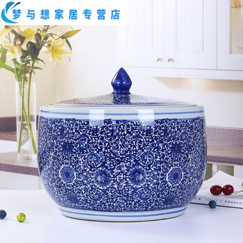 Junmo jingdezhen ceramic storage jar household rice jar with lid, pickled vegetable and meat jar 10/20/40 catties blue and white 20 catties (cornucopia) water capacity
