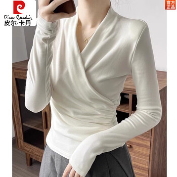 Pierre cardin (pierre cardin) v-neck bottoming shirt for women in autumn and winter, western style and age-reducing inner wear, high-end, slim and slim t-shirt, german velvet low-neck top, spring white m