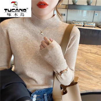 Woodpecker (tucano) plus velvet and thickened one-piece velvet knitted bottoming shirt for women, new autumn and winter slimming top with half turtleneck warm sweater, milk tea color, regular, one size fits all