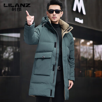 Lilanz 90 white duck down mid-length down jacket men's 2025 winter hooded outdoor thick cold warning men's jacket green m 170