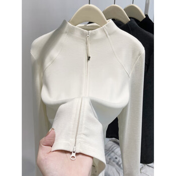 Yalu half turtleneck german velvet autumn and winter bottoming shirt for women 2025 new autumn double zipper cardigan jacket slim sweatshirt inner layer apricot l