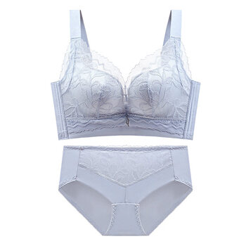 Triumph cat man bra set underwear 2026 new anti-sagging and secondary breast reduction women's small breast gathering no steel ring four-breasted bra gray blue (set) 70a 32b full cup