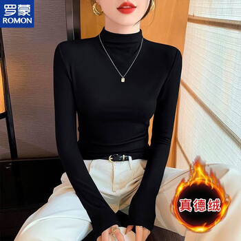 Romon german velvet half turtleneck plus velvet bottoming shirt for women in autumn and winter, 2025 new style long-sleeved thickened black top, black half turtleneck, german velvet s, suitable for people under 90 pounds