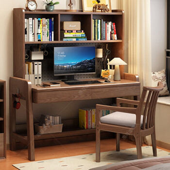 Huixun solid wood children's study table desk bookshelf integrated student desk home writing desk simple hole board computer desk fas grade rubber wood without veneer walnut color #desk + bookshelf 100cm*60cm*79cm total height 159cm