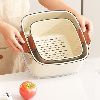 Muzhi vegetable sink drain basket household kitchen vegetable basket washing fruit artifact vegetable basket vegetable basin drain basket transparent milky white double layer vegetable basket - small size