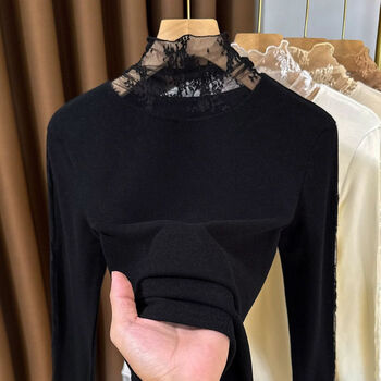 Buy one get one free, brushed regular style lace bottoming shirt for women with high collar and fungus collar, with western style slim fit top, black + apricot xl (recommended 110-120 pounds)