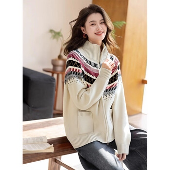 Ives (itisf4) fair isle series spring romantic atmosphere classic british style double zipper sweater beige one size