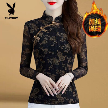 Playboy (playboy) mesh retro floral disc button stand collar western style bottoming shirt women's waist slimming plus velvet thickening fashionable inner shirt design and color plus velvet l recommended 95-115 catties