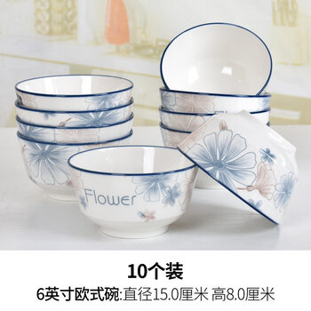 Tuojin jingdezhen quality bowl and plate set household small fresh european style 10 bowls 10 plates glaze medium color small fresh bowl and plate set blue and brown flower 6-inch bowl 10 pieces
