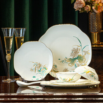Fantasy new chinese style high-end bone china rice bowl plate dish plate wedding gift tableware bowl set high-end splendid lotus eleven-piece set (contact customer service to purchase an additional gift box)
