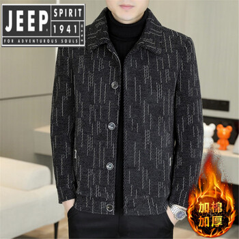Jeep spirit autumn and winter woolen jacket men's cotton thickened trendy lapel woolen big top men's short warm fashion clip khaki (cotted) thickened m