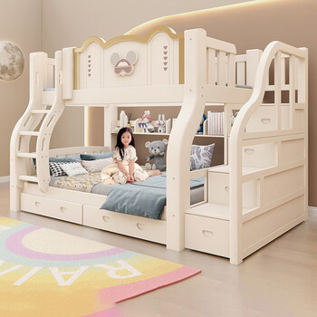 2025 solid wood bunk bed mother and child bed high and low bed bunk bed solid wood bed storage 18-bed children's bed log ladder + bookshelf + drawer upper bunk width 160 bottom bunk width 180
