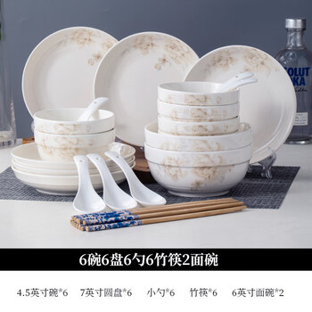 Tuojin imported quality household dishes set from japan for 4-6 persons, tableware, ceramic rice bowl, plate, noodle bowl, large bowl of soup, shuying 6 bowls, 6 plates, 6 spoons, 6 chopsticks, 2 noodle bowls