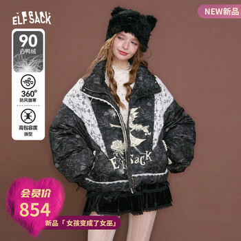 Fairy's pocket lace spliced full print short down jacket women's 2025 winter new warm thick jacket bread jacket dark night black s