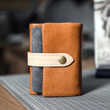 Pishushu contrasting color coin purse first-layer cowhide new leather wallet retro simple short small wallet three-fold women's genuine leather wallet brown