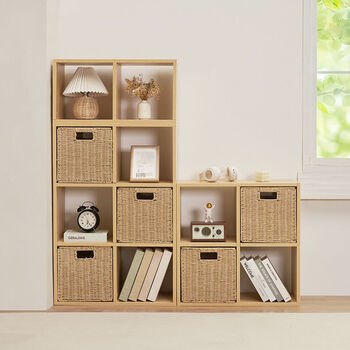 Fantasy home imitation rattan storage basket imitation rattan basket removable checkered storage basket bookshelf drawer 25.25.25cm log color lined style