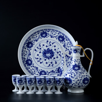 Mppmck blue and white porcelain goblet and wine set, white wine cup, blue and white porcelain wine pot, small wine dispenser, blue and white porcelain wine set (including gift box) 12 pieces