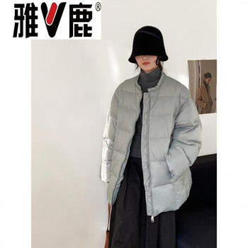 Yalu warm winter puff 90 white duck down jacket korean checkered round neck mid-length down jacket fashionable and versatile bread jacket for women jiujiang down jacket for women gray bean green high-end western style down jacket for small people