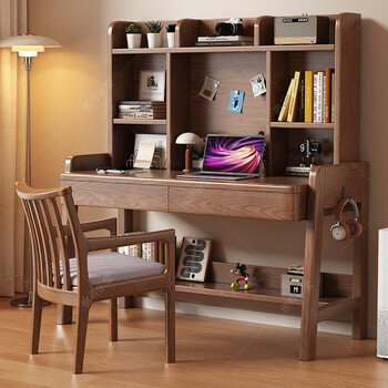 Huixun solid wood desk and bookshelf integrated lifting study desk bedroom bedside table ash wood print storage table fas grade rubber wood without veneer walnut #desk + bookshelf 100cm*60cm*79cm total height 139cm