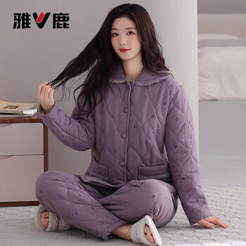 Yalu quilted pajamas, winter women's cloud cotton home clothes, three-layer thickened and warm, velvet inside, middle-aged mother's suit 4045 m 80-95 catties