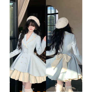 Blovelan kongshan xinyu xiaoxiangfeng sweet dress with bow knot patchwork coat, puffy princess suit skirt, light water blue (dress m