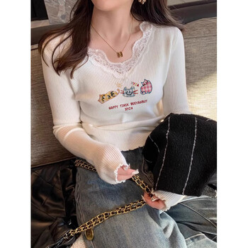 Hengyuan xiang sense v-neck lace splicing bottoming sweater for women autumn and winter french style inner small fragrant sweater soft waxy top brand white b0403- xl