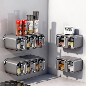 Home katei story japanese moisture-proof seasoning jar seasoning box wall-mounted home kitchen high-end salt shaker seasoning sealed storage box set wall-mounted two-compartment seasoning box-gun gray gold single piece