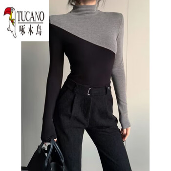 Woodpecker (tucano) contrast color splicing half turtle collar long sleeve t-shirt bottoming top women's winter underwear slimming 2026 new early spring autumn top black regular s