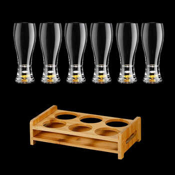 Yusenyi high-end crystal glass beer mug set for household large-capacity craft beer mugs 320ml gold foil beer mug x 6 bamboo wood cup holder free bottle opener cup brush
