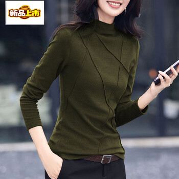 Mid-diameter half-high collar german velvet bottoming shirt for women, autumn and winter new model, mid-collar splicing, western style plus velvet thickened inner top, military green 3xl