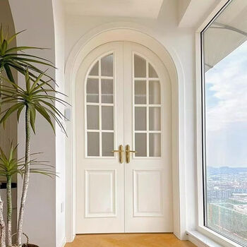 Jianycat solid wood painted door french double door solid wood glass arc shape bedroom door indoor lattice door arc arch white cream style double door