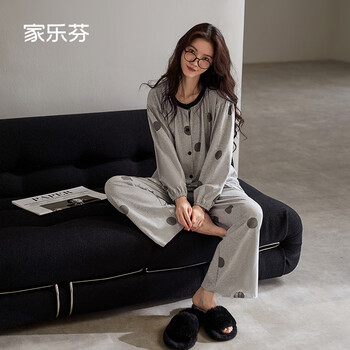 Jialefen pajamas for women spring and autumn pure cotton long-sleeved home clothes panda large size round neck cardigan set can be worn outside a812181 light gray xl size (weight 120-145 pounds)