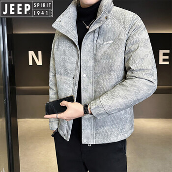 Jeep jeep men's leather down jacket stand collar men's winter 2026 new full print thickened warm and coldproof jacket for men gray l 100-120 jin