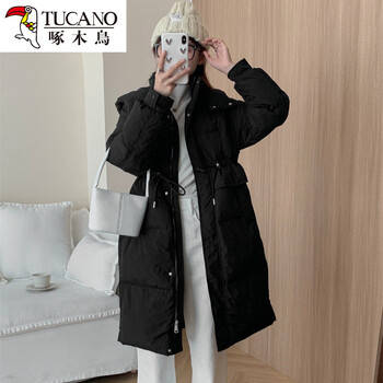 Woodpecker 2025 new over-the-knee down jacket women's mid-length thick hooded waist slimming white duck down loose jacket black m