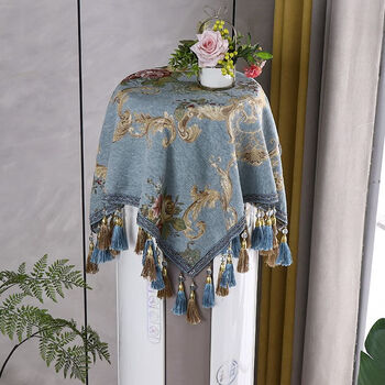 Fantasy european eight immortals table cloth square fabric square table high-end table cloth light luxury high-end mahjong table cover lolita blue 90x90 with tassels (suitable for 40cm square table)