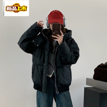 Chujing american hooded pu leather down jacket for women winter thickened warm bread coat short jacket black s (90-120 catties)