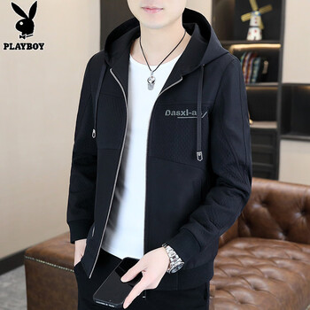 Playboy (playboy) men's hooded jacket spring and autumn new high-end casual jacket trendy versatile clothes for young and middle-aged men's tops black 2xl