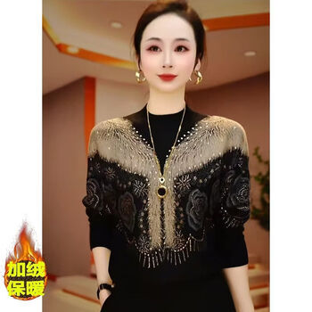 Mother's wear, light and luxurious, hot diamond rose print knitted women's winter pullover, slim and stylish, thick warm top, black, thick 3xl (recommended 140-160 catties)