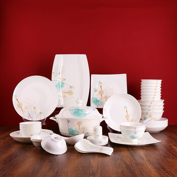 Jinnan jingdezhen ceramic tableware bowl and plate set chinese style household housewarming wedding gift selection 10 people tableware gift box yunshuihexiang 50 pieces tableware set