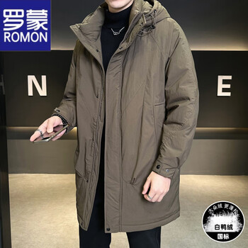 Romon mid-length men's down jacket winter 2025 new hooded thickened high-end trendy brand men's winter windbreaker jacket 19915 coffee color l