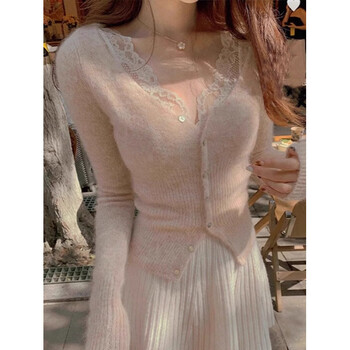 Hengyuanxiang korean style small fragrance lace knitted bottoming shirt for women to wear in spring with v-neck slim fit sweater and gentle short top brand oatmeal color s
