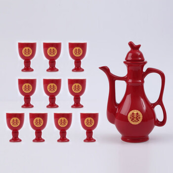 Tuojin germany imported high-quality wedding toast cup, wedding banquet ceramic hip flask, chinese wedding drinking wine divider festive set, gold bottom hip flask and wine glass_ 1 pot 10 cups