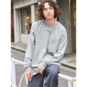 Carhartt loose round neck solid color workwear bottoming pocket long-sleeved t-shirt trendy light gray/heather gray (qualified product) xl (weight 210-230 pounds) size is too large