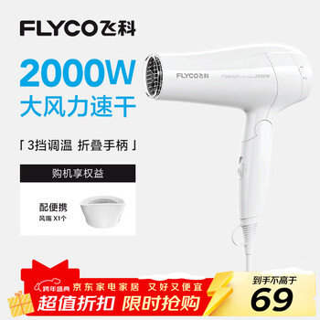 Flyco hair dryer home hair salon high power 2000w quick drying constant temperature portable foldable white fh6232