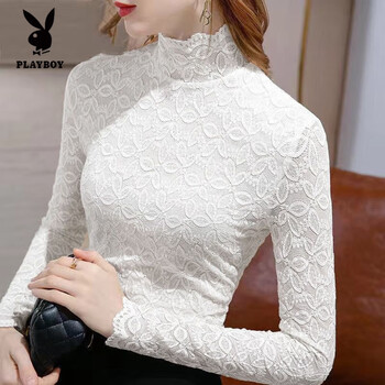 Playboy (playboy) velvet/non-velvet lace bottoming shirt for women, autumn and winter style shirt, half turtleneck, long-sleeved, temperamental slim top, white 2xl 125-140 catties