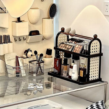 Fantasy medieval style desktop cosmetics storage rack, high-end dressing table side eye shadow, lipstick, perfume layered storage rack, double-layer black storage rack, main picture