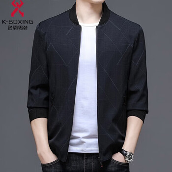 Kbxng jinba spring and autumn men's baseball collar striped printed jacket green korean version no-iron casual zipper shopping mall same style navy m