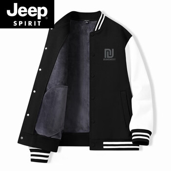 Jeep spirit american retro jacket men's 2025 winter new color matching casual all-match jacket men's velvet cold-proof baseball uniform black #mzs round gray x m
