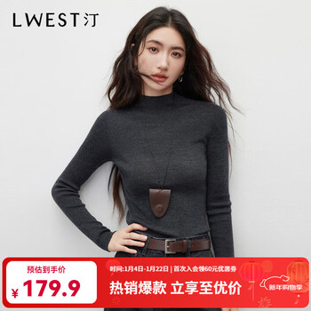 L.west 100% wool machine washable sweater for women 2025 winter new seamless one-piece sweater base layer gray (half turtleneck dark gray) m